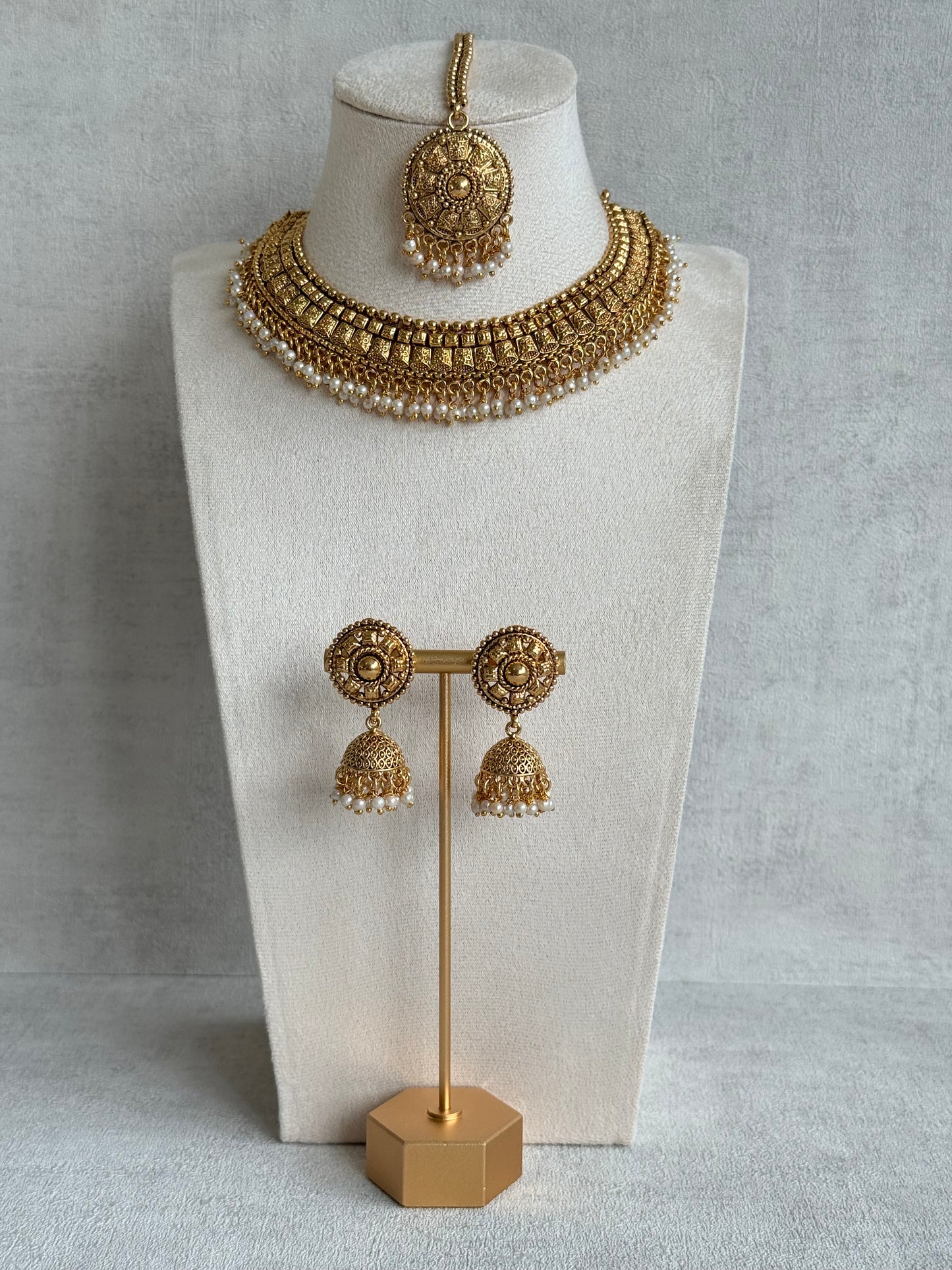 Ayura Designs Iksirat Necklace Set with Jhumkis & Tikka – Gold Heritage Design with Pearl Detailing
