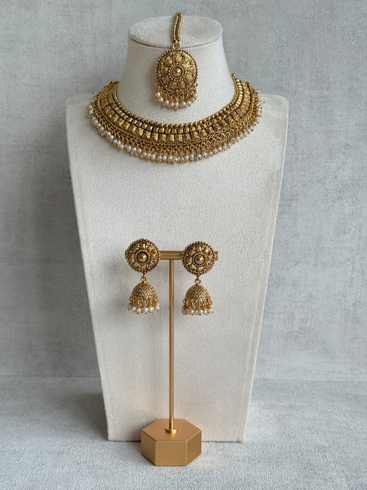 Ayura Designs Iksirat Necklace Set with Jhumkis & Tikka – Gold Heritage Design with Pearl Detailing