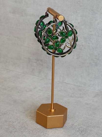 Ayura Designs Nureh Earrings – Dual Tone Floral Hoop Earrings with Emerald Green Stones & Cutwork Detailing