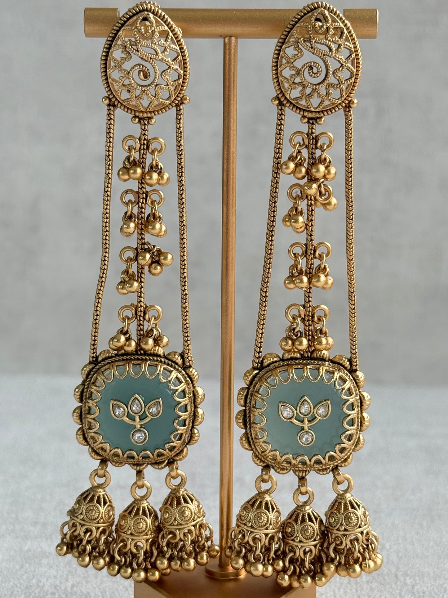 Ayura Designs Ihana Earrings – Mint Green Enamel with Kundan, Ghungroo & Jhumki Detailing