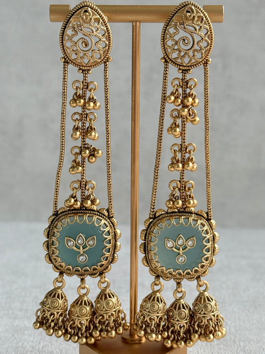 Ayura Designs Ihana Earrings – Mint Green Enamel with Kundan, Ghungroo & Jhumki Detailing