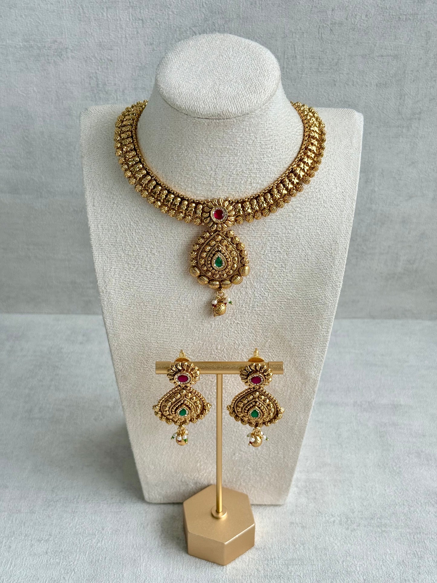 Ayura Designs Ayma Necklace Set with Earrings – Antique Gold Finish with Ruby Pink, Emerald Green & Crystal Detailing