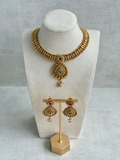 Ayura Designs Ayma Necklace Set with Earrings – Antique Gold Finish with Ruby Pink, Emerald Green & Crystal Detailing