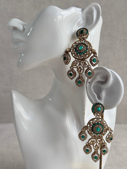 Ayura Designs Vanika Earrings – Teal Green & Champagne Crystal Gold Finish