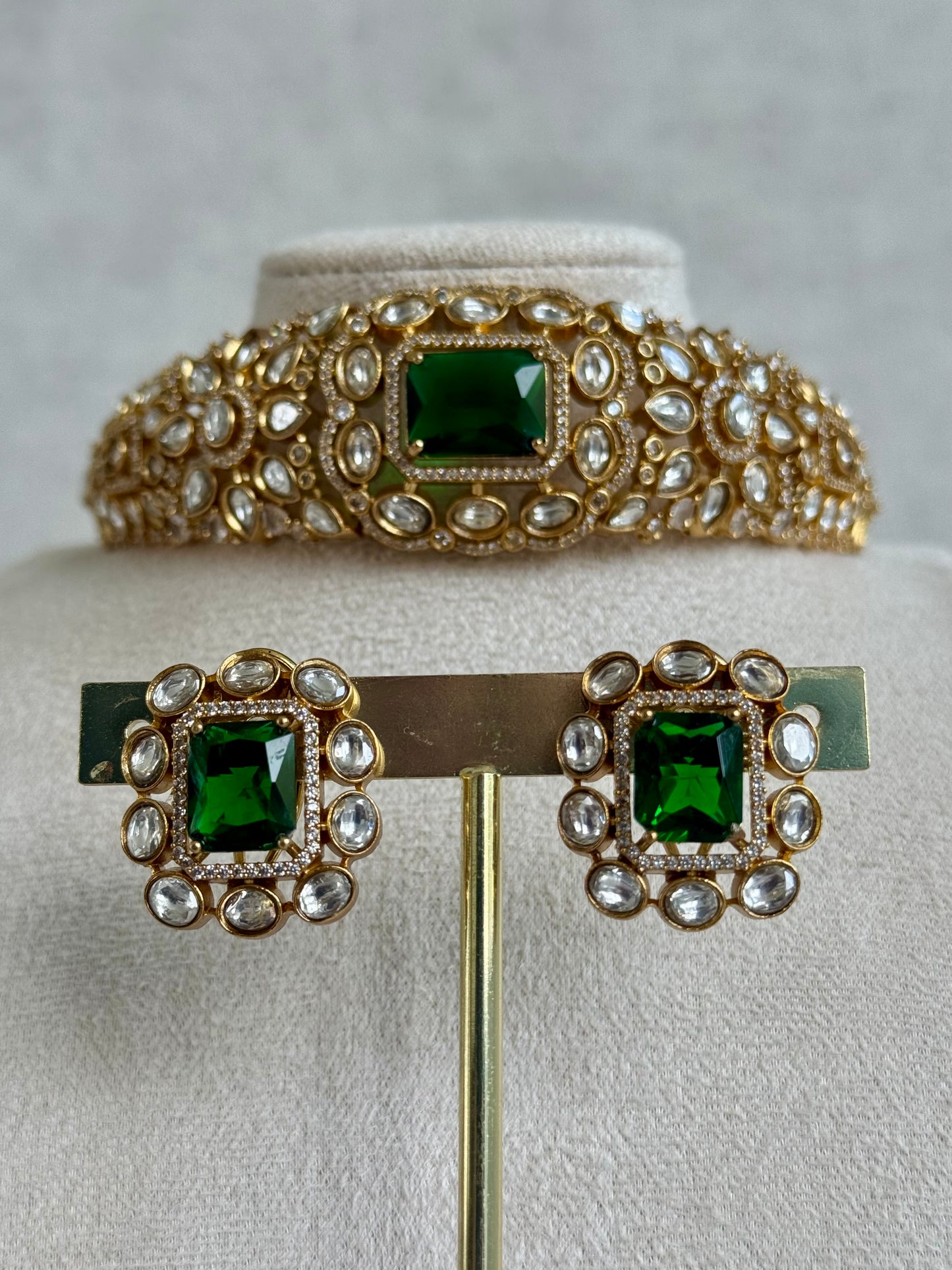 Ayura Designs Akasha Choker Set with Stud Earrings – Emerald Green Moissanite Stones & Antique Gold Finish