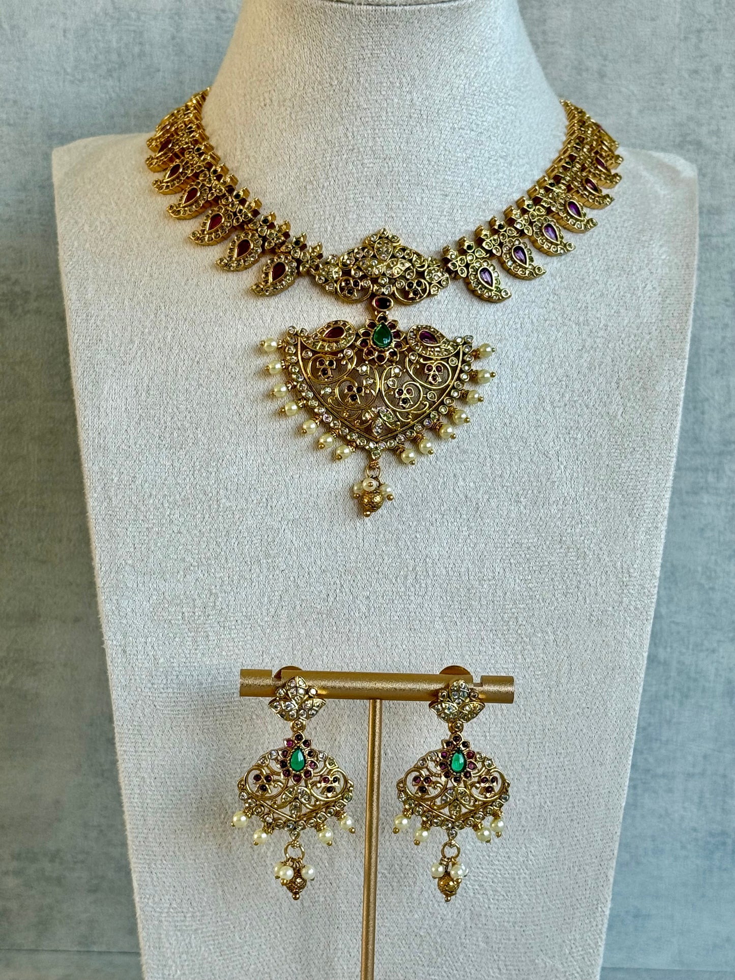 Ayura Designs Joya Set with Necklace, Earrings & Tikka – Kundan Detailing, Pink & Green Stones with Pearl Drops