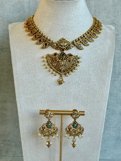 Ayura Designs Joya Set with Necklace, Earrings & Tikka – Kundan Detailing, Pink & Green Stones with Pearl Drops