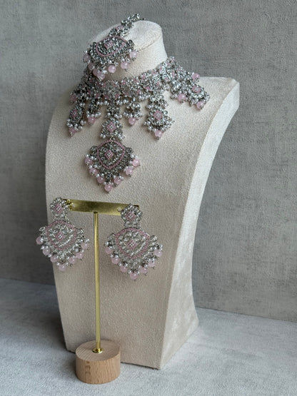 Ayura Designs Kanika Set – Necklace, Earrings & Tikka with Blush Pink Beads, Mirror-Cut Stones & Silver Finish