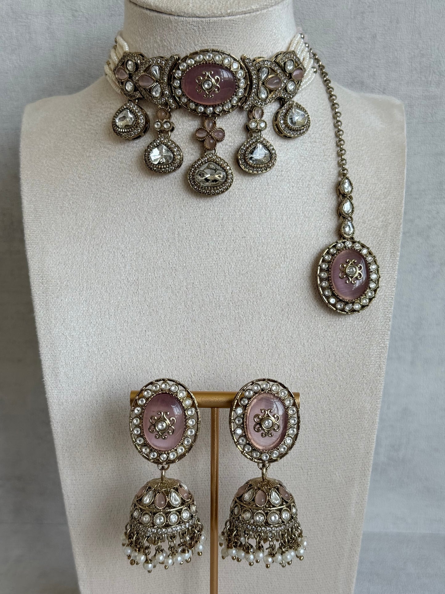 Ayura Designs Myra Choker Set with Earrings & Tikka – Blush Pink Kundan & Pearl Detailing