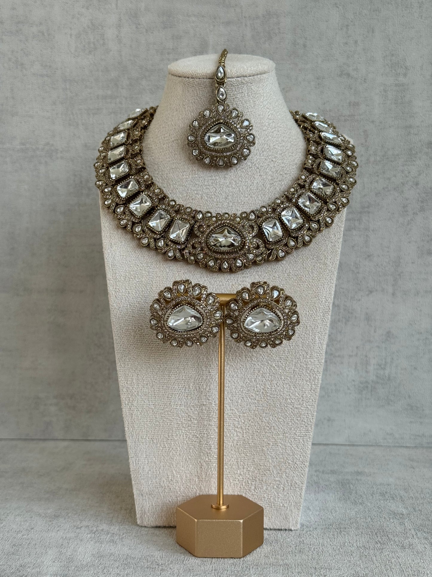 Ayura Designs Riva Set with Necklace, Studs & Tikka – All-Mirror Stones in Antique Gold