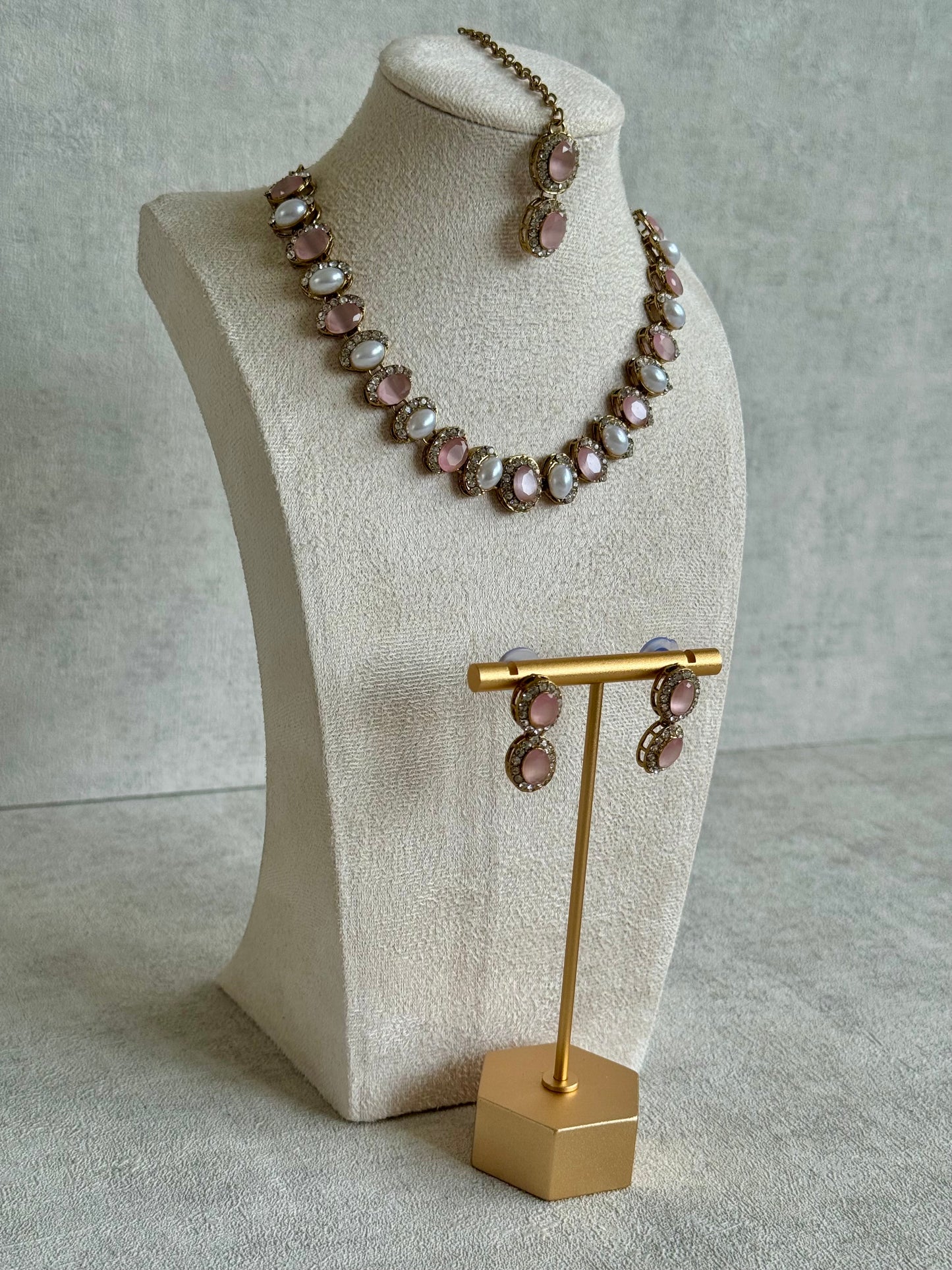 Ayura Designs Eira Set – Necklace, Earrings & Tikka with Blush Pink & Ivory Oval Stones in Antique Gold