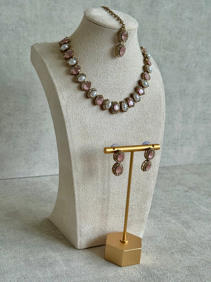 Ayura Designs Eira Set – Necklace, Earrings & Tikka with Blush Pink & Ivory Oval Stones in Antique Gold