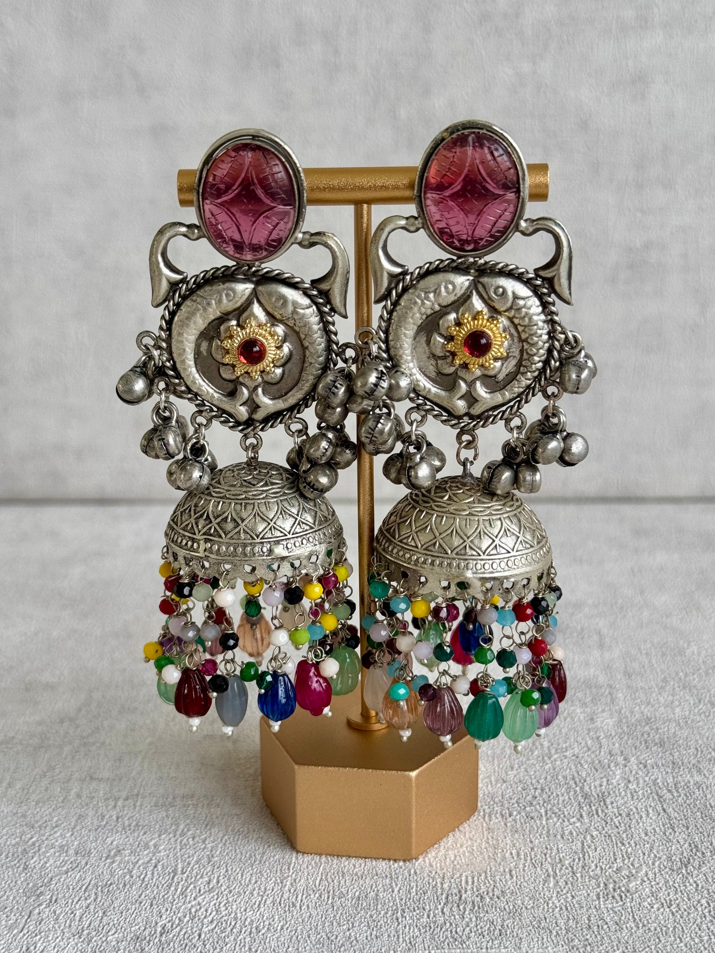 Ayura Designs Meera Earrings – Antique Silver with Multicolour Beads & Carved Glass Stone