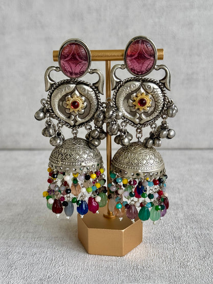 Ayura Designs Meera Earrings – Antique Silver with Multicolour Beads & Carved Glass Stone