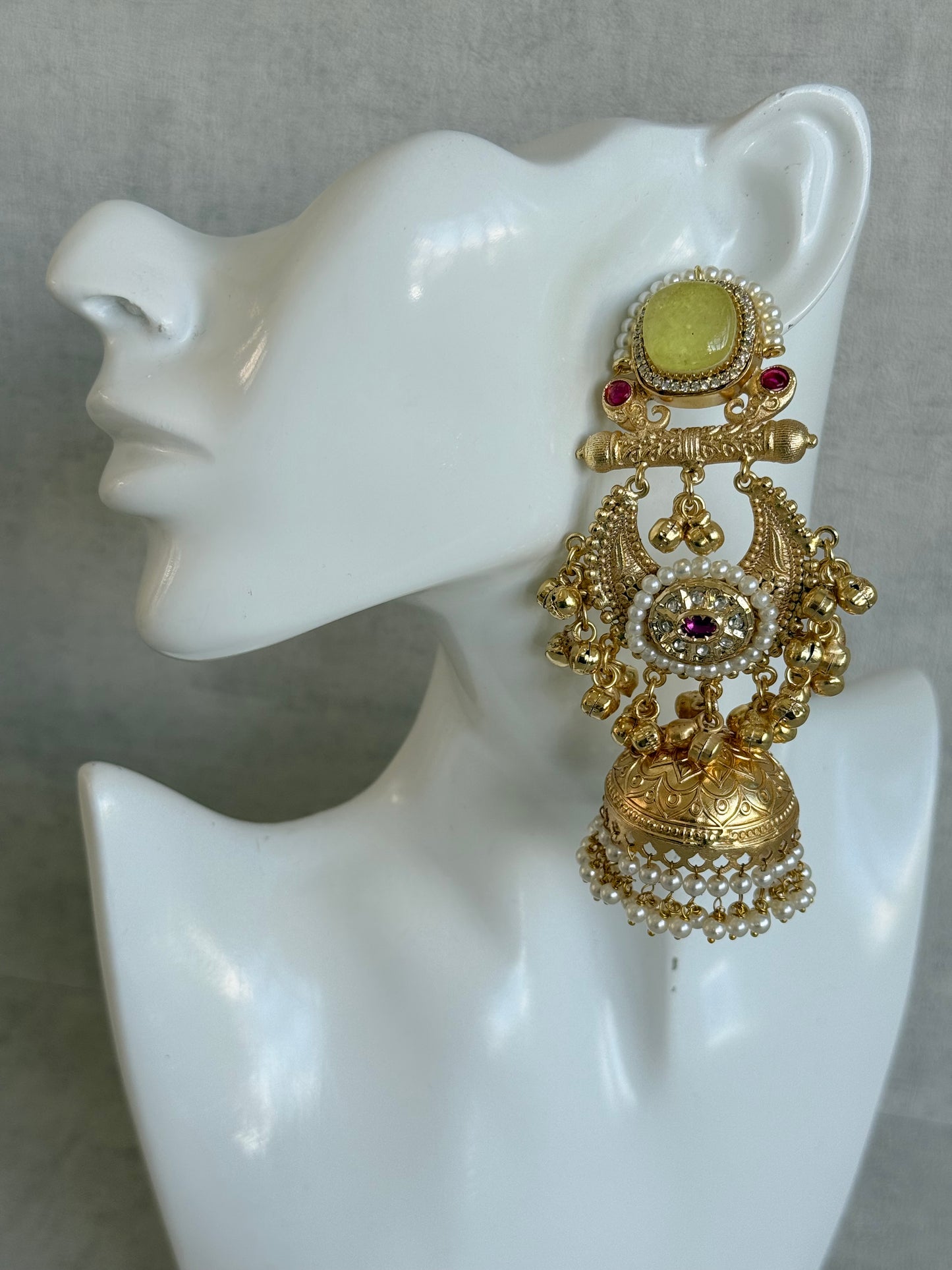 Ayura Designs Mahwish Jhumkis – Lime Yellow Stones, Pearls & Ghungroo Detailing