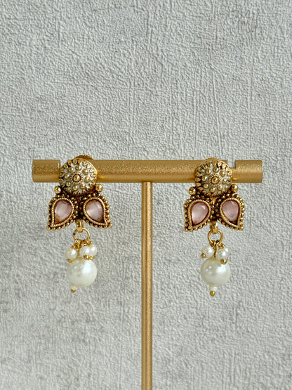 Ayura Designs Mayura Necklace Set with Earrings – Antique Gold Meenakari Motifs with Pearl Drop & Blush Pink and Mint Green Stones