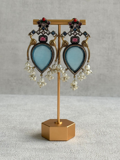 Ayura Designs Kafila Earrings – Dual Tone Oxidised Earrings with Peacock Motifs, Aqua Blue & Multicolour Stones