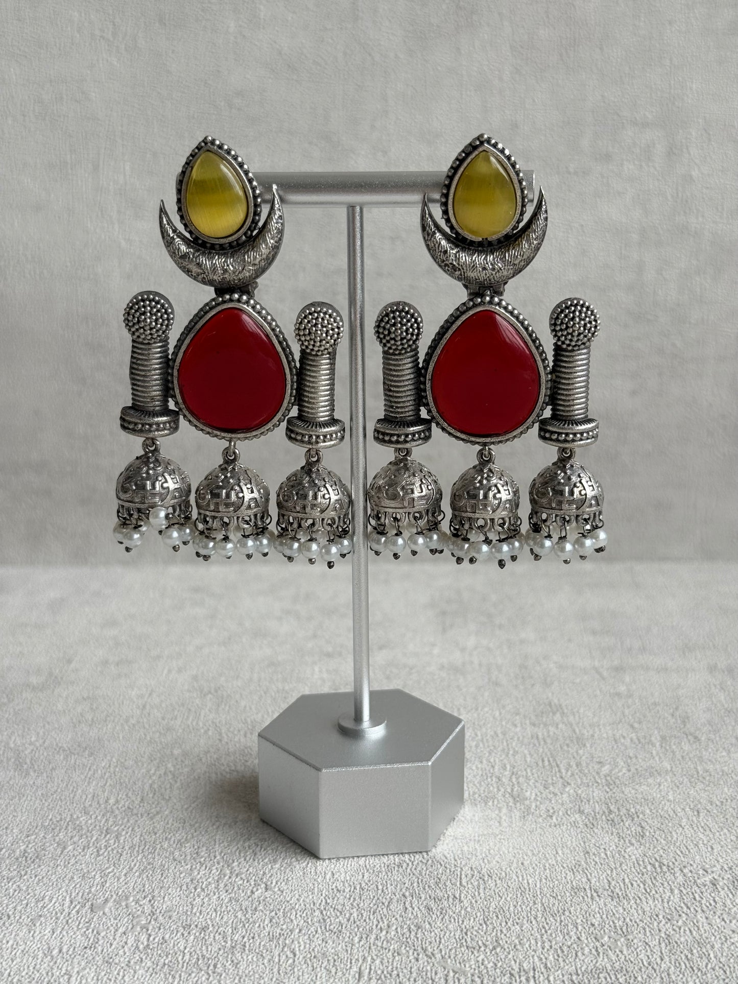 Ayura Designs Qissa Earrings – Oxidised Triple Jhumki Earrings with Ruby Red Stones & Pearl Detailing