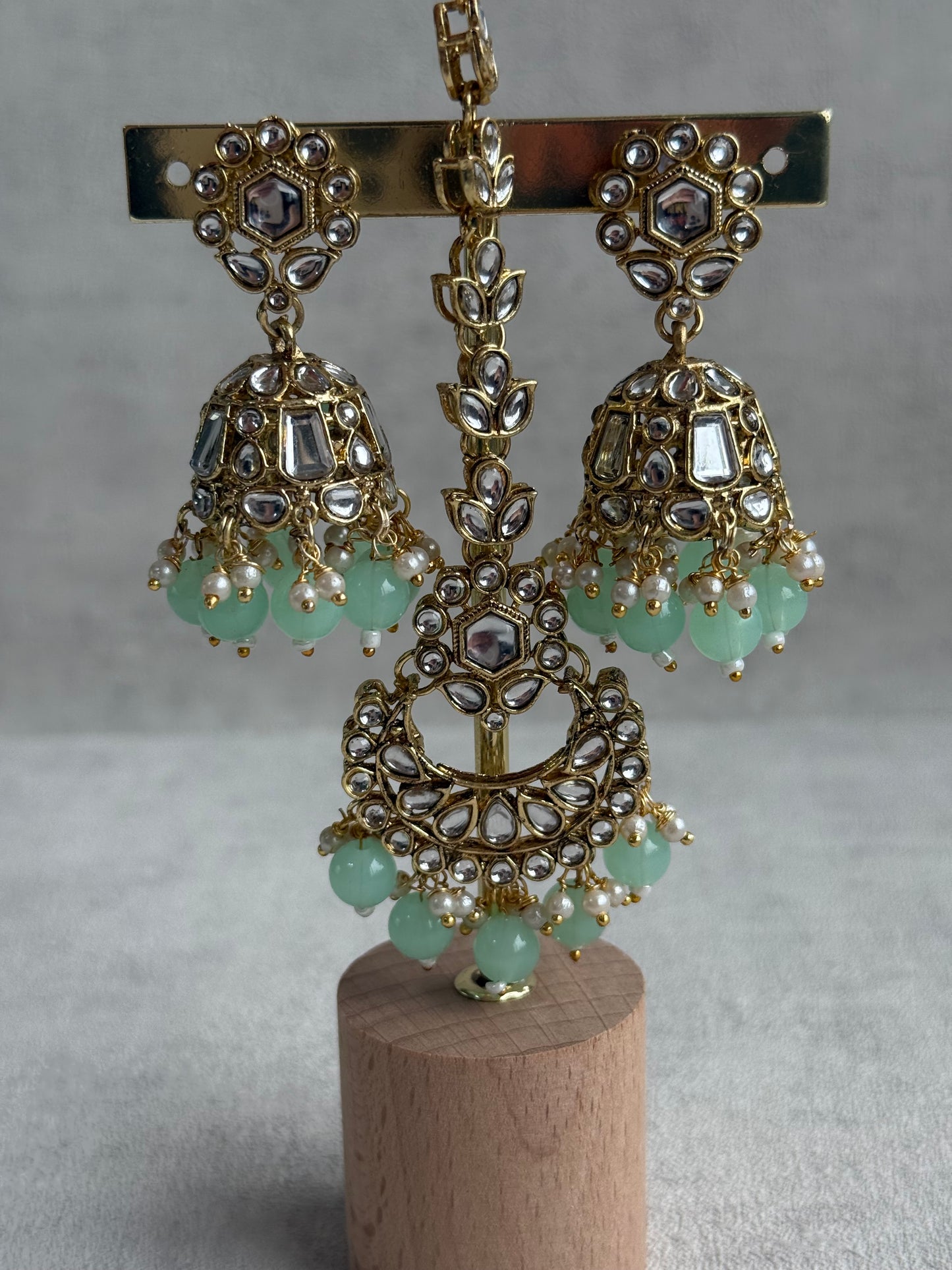 Ayura Designs Shaheen Set with Jhumkis & Tikka – Pistachio Green Beads, Mirror Kundan & Gold Finish