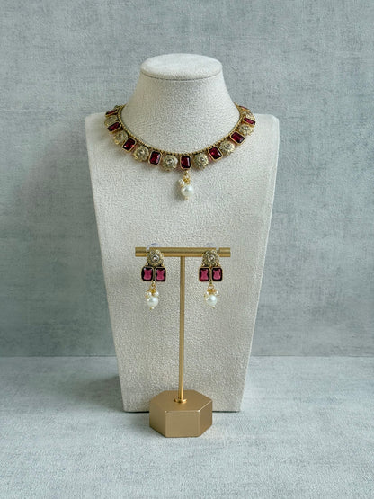 Ayura Designs Padma Necklace Set with Earrings – Rani Pink Stones with Pearl Drop Detailing