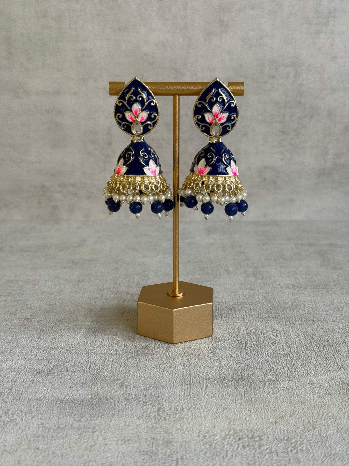 Ayura Designs Gia Jhumkis – Midnight Blue Meenakari with Pink Lotus Motifs & Ivory Pearl Drops