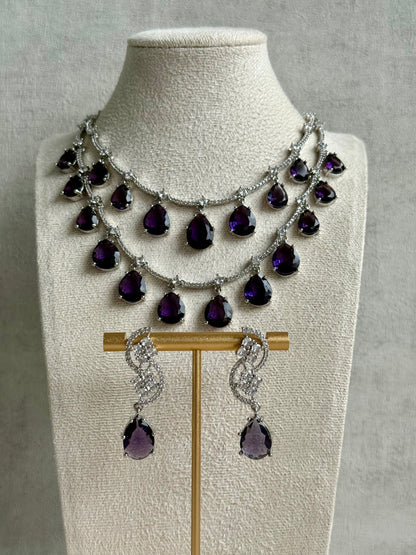 Ayura Designs Nida Set with Necklace & Earrings – Amethyst Purple Stones, Diamond-Cut Detailing & Silver Finish