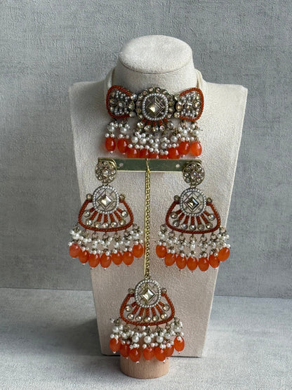 Ayura Designs Qudsia Set with Necklace, Earrings & Tikka – Burnt Orange Stones, Kundan Detailing & Antique Gold Finish