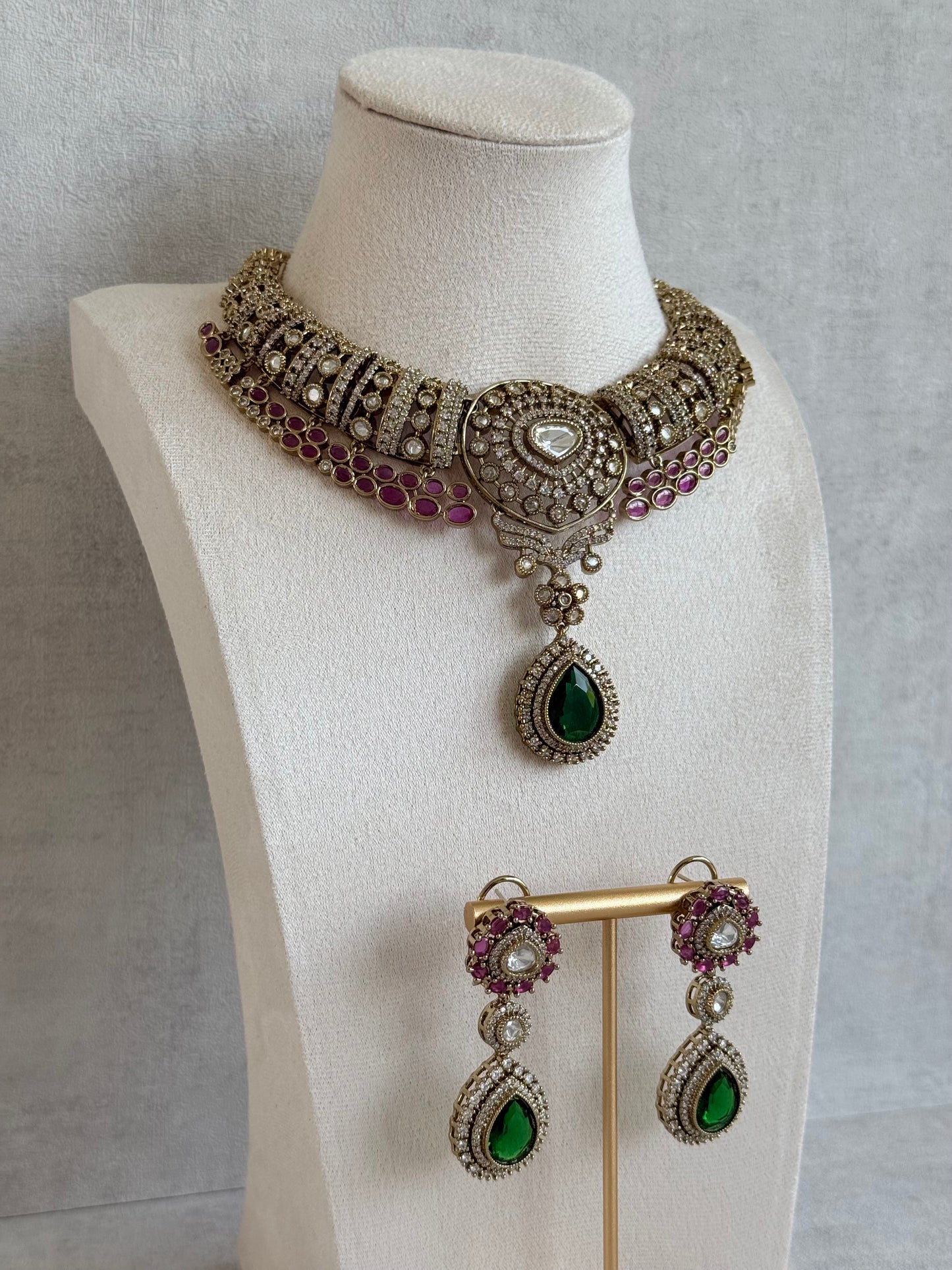 Ayura Designs Ahana Necklace Set with Earrings – Emerald Green Teardrop Stones, Ruby Pink Accents & Moissanite Detailing