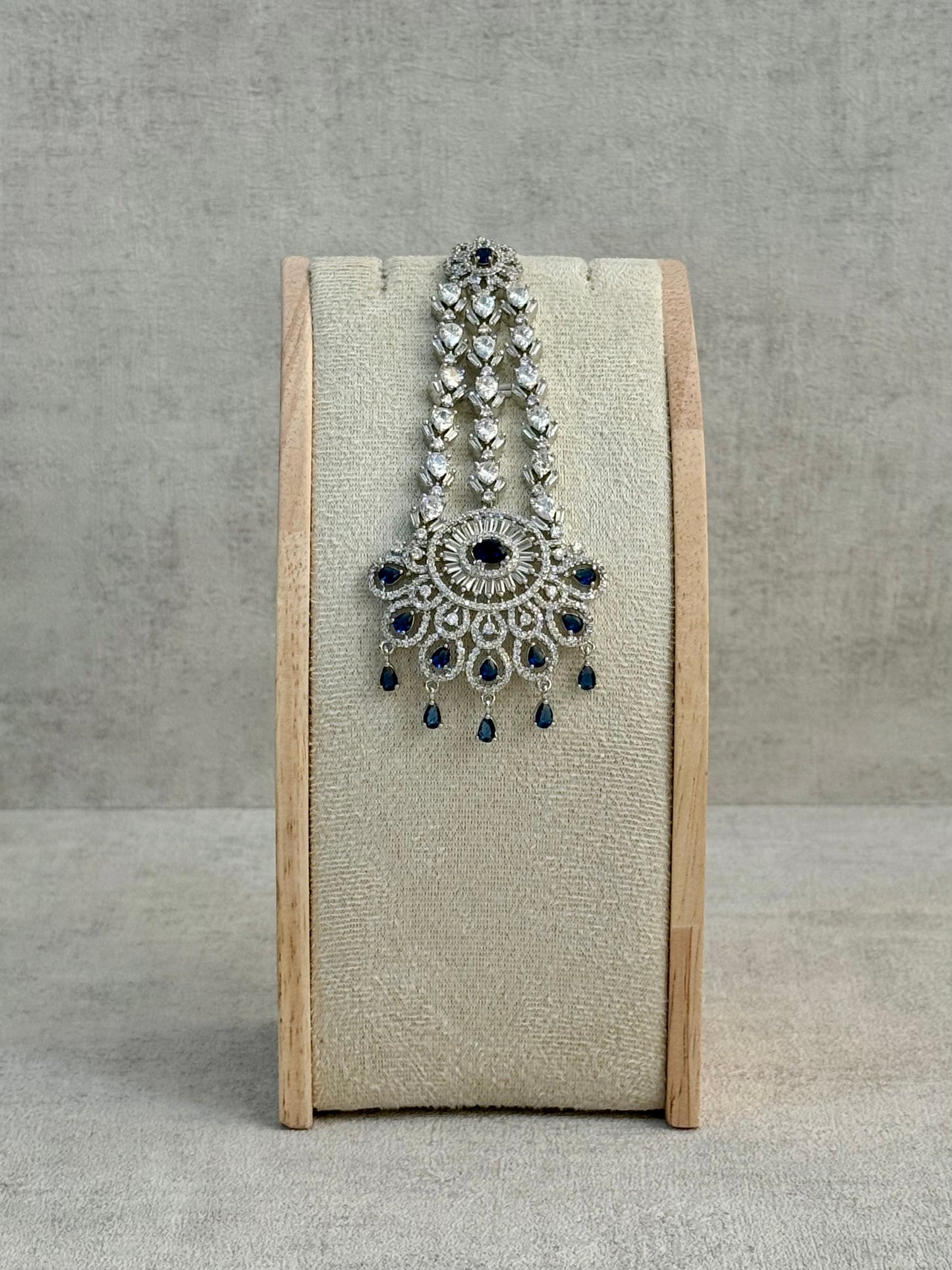Ayura Designs Anna Jhoomar Passa – Silver Finish with Sapphire Blue Stones & Crystal Detailing