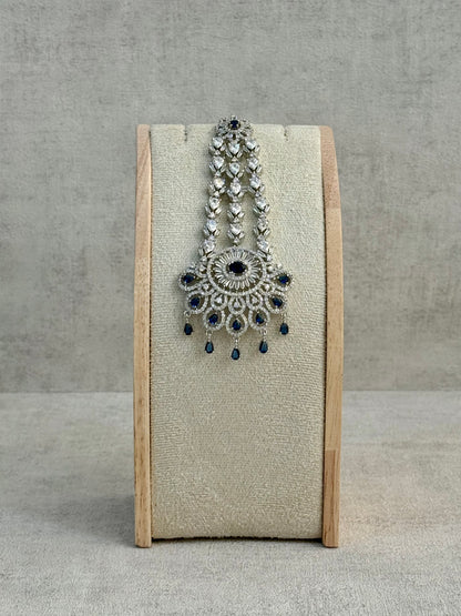 Ayura Designs Anna Jhoomar Passa – Silver Finish with Sapphire Blue Stones & Crystal Detailing