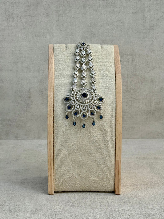 Ayura Designs Anna Jhoomar Passa – Silver Finish with Sapphire Blue Stones & Crystal Detailing
