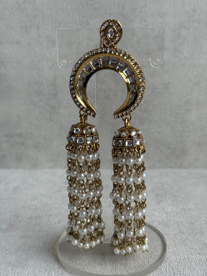 Ayura Designs Chand Hair Brooch – Crescent Polki Design with Pearl Tassels & Antique Gold Finish