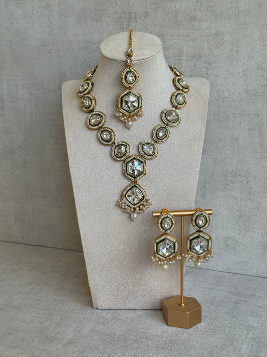 Ayura Designs Saya Set with Earrings & Tikka – Mirror-Cut Polki Stones, Emerald Enamel & Pearl Detailing