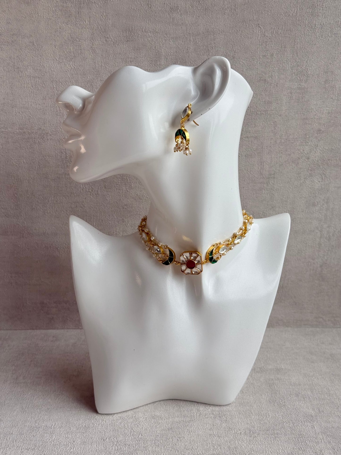 Ayura Designs Mahi Choker Set with Earrings – Meenakari Kundan Green & Pink Detailing