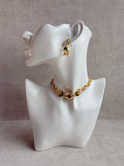 Ayura Designs Mahi Choker Set with Earrings – Meenakari Kundan Green & Pink Detailing