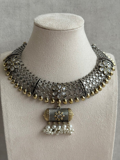 Ayura Designs Taal Necklace Set with Earrings & Tikka – Dual Tone Oxidised Mesh Necklace with Barrel Motifs & Pearl Detailing