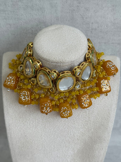 Ayura Designs Gyan Set With Choker And Earrings – Kundan Stones And Mustard Yellow Meenakari Drops