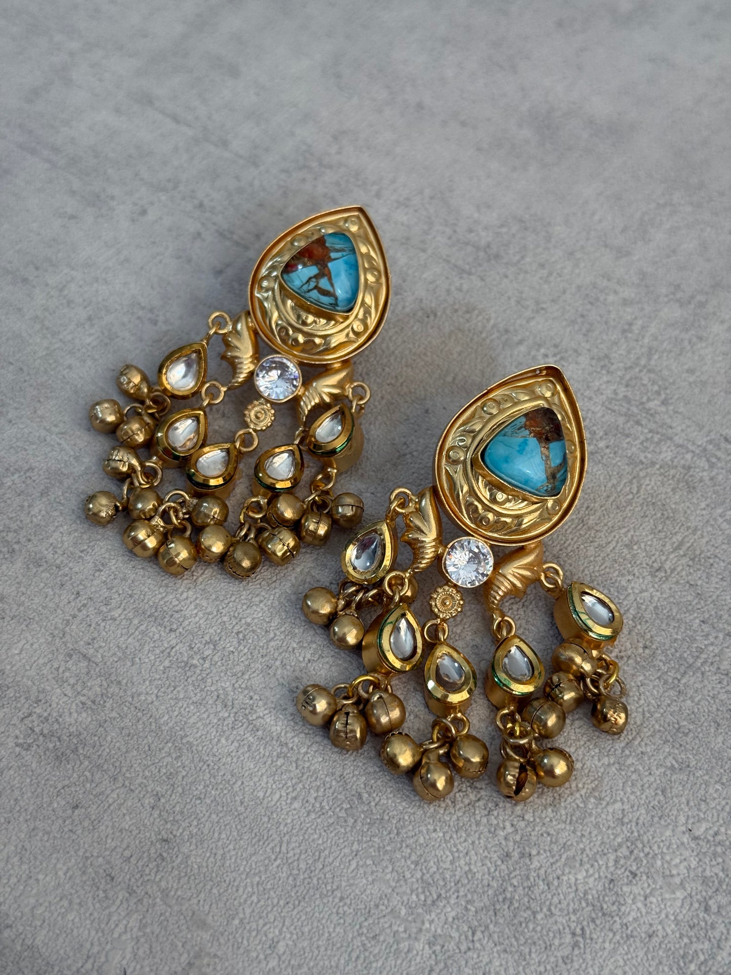 Ayura Designs Arheer Earrings – Turquoise Marble with Kundan Detailing & Antique Gold Ghungroos