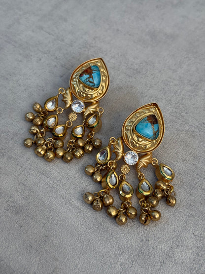 Ayura Designs Arheer Earrings – Turquoise Marble with Kundan Detailing & Antique Gold Ghungroos