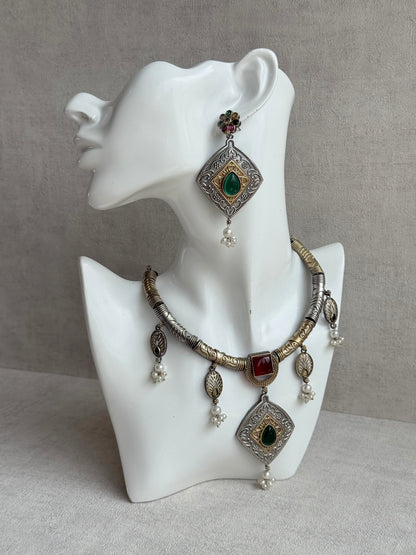 Ayura Designs Paayal Set with Earrings – Dual Tone Oxidised Necklace Set with Multicolour Stones & Pearl Clusters