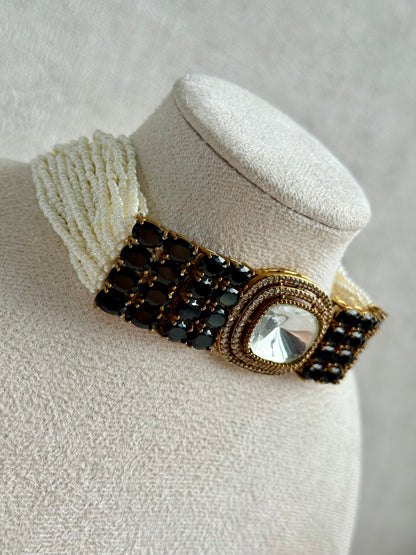 Ayura Designs Emma Choker Set – Black Gemstone Choker & Studs with Mirror-Cut Centrepiece, Pearl Strands & Crystal Borders