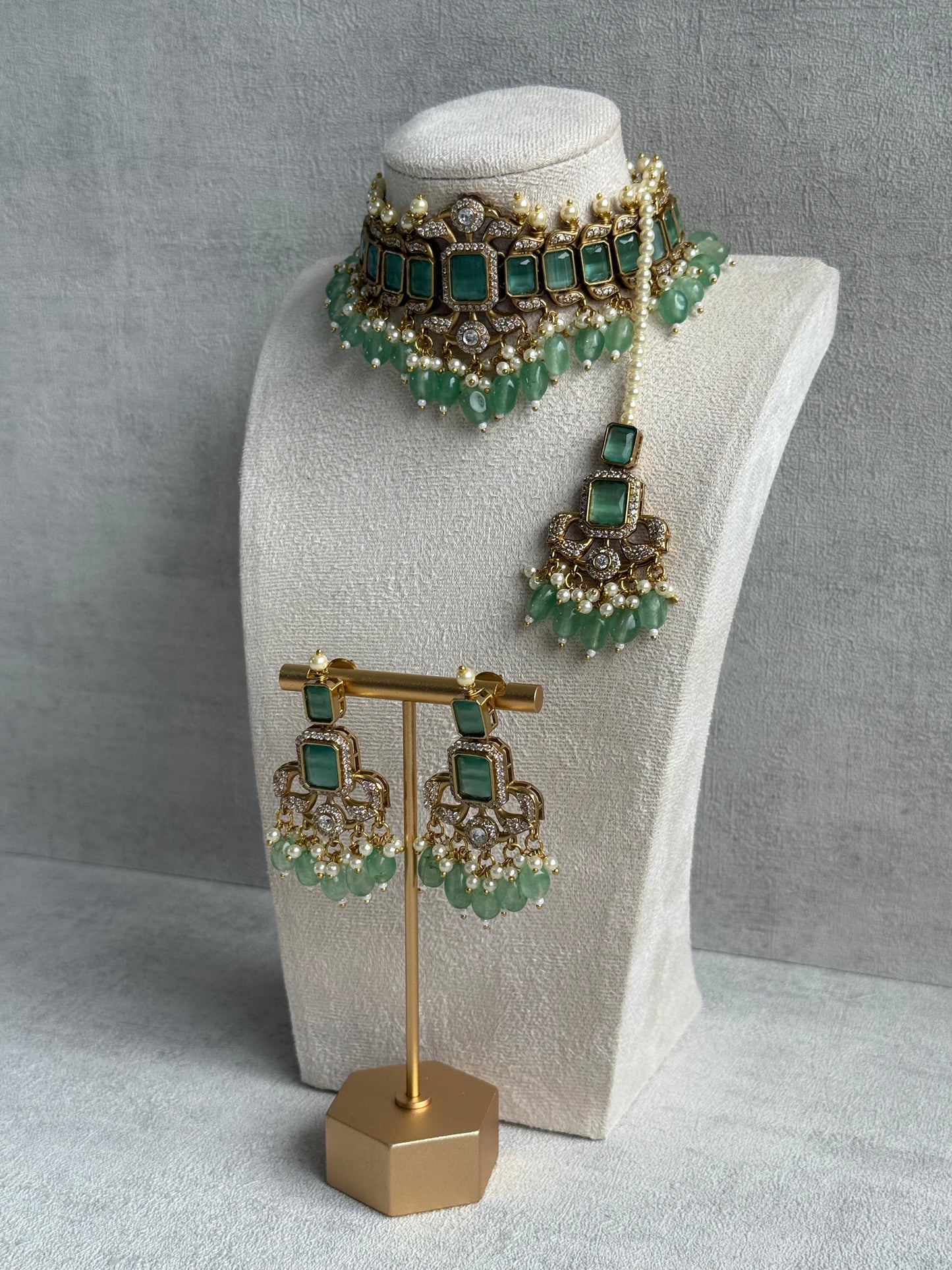 Ayura Designs Esme Set – Antique Gold Choker with Mint Green Stones, Pearls & Crystal Detailing