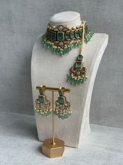 Ayura Designs Esme Set – Antique Gold Choker with Mint Green Stones, Pearls & Crystal Detailing