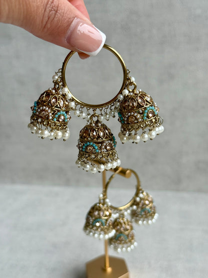 Ayura Designs Nakhra Balis – Aqua Blue Triple Dome Earrings with Mirror-Cut Stones & Pearl Detailing