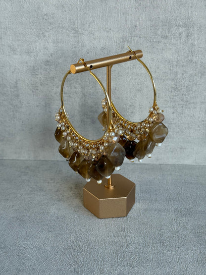 Ayura Designs Heer Balis – Gold Hoops with Mocha Marble Beads, Pearls & Crystal Detailing