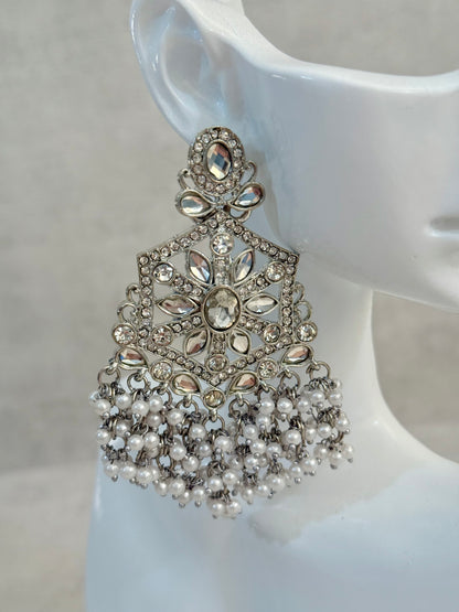 Ayura Designs Prija Earrings – Crystal Floral Chandeliers with Pearl Cluster Drops