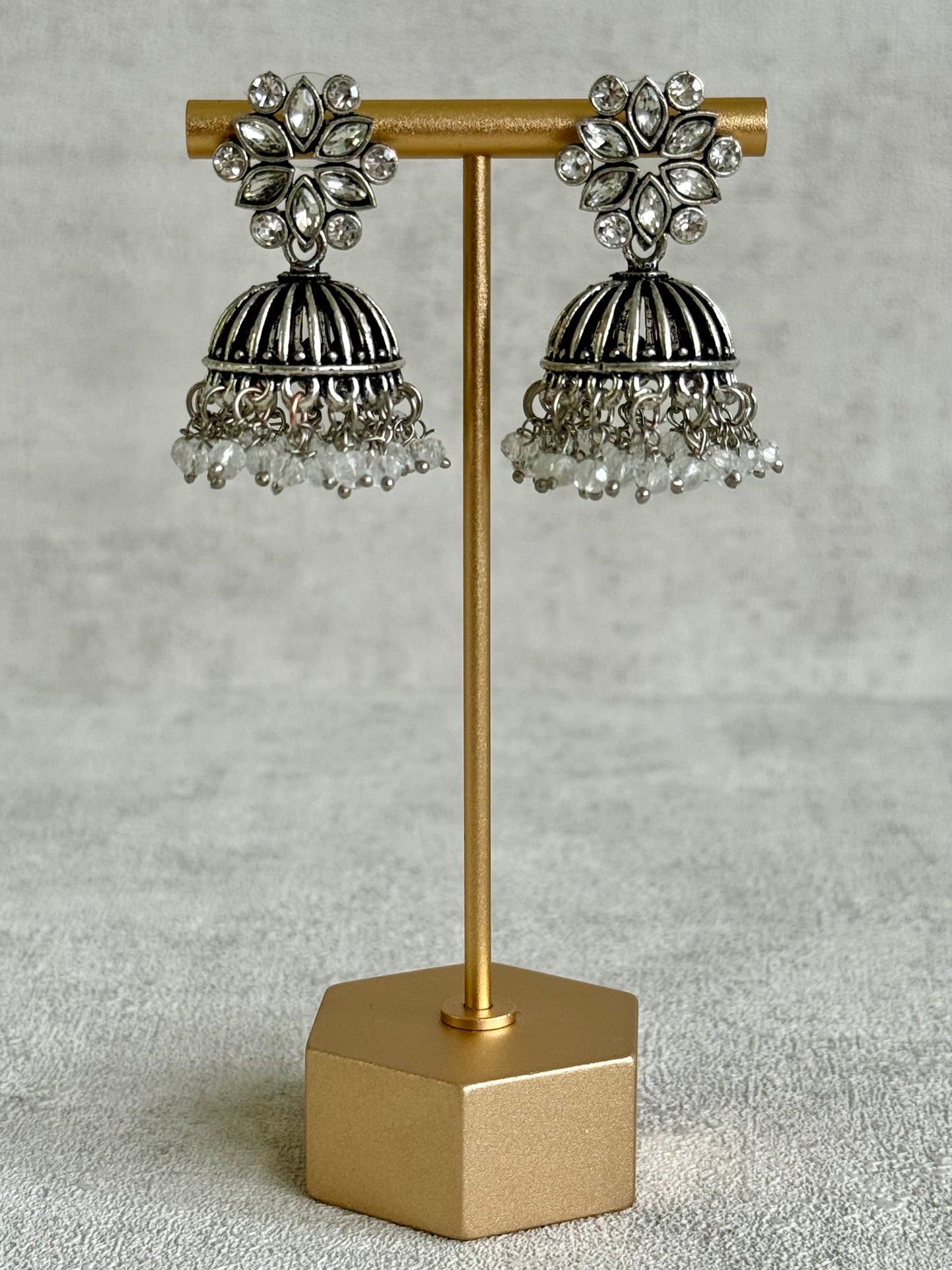 Ayura Designs Syra Jhumkis – Mirror-Cut Stone Tops, Crystal Drop Fringe & Oxidised Silver Finish