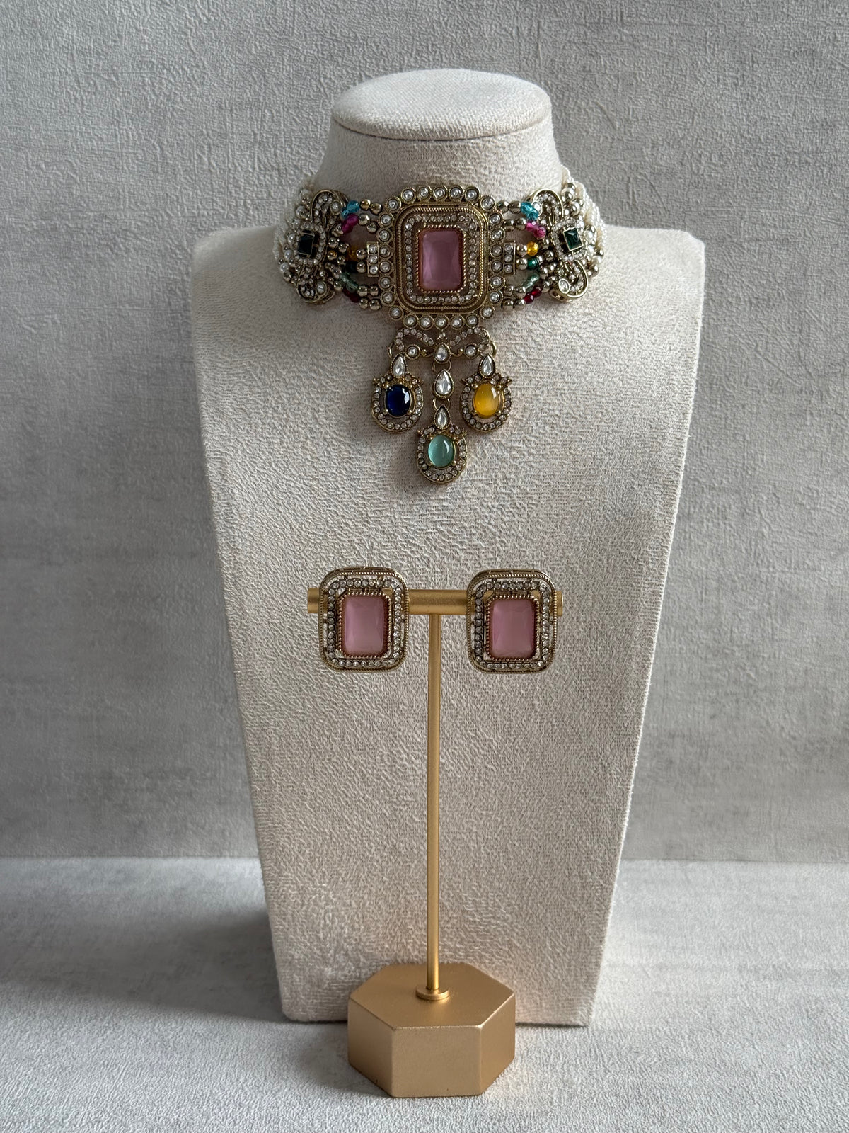 Ayura Designs Nabiha Choker Set with Studs – Blush Pink & Multicolour Stones, Pearl Detailing & Antique Gold Finish