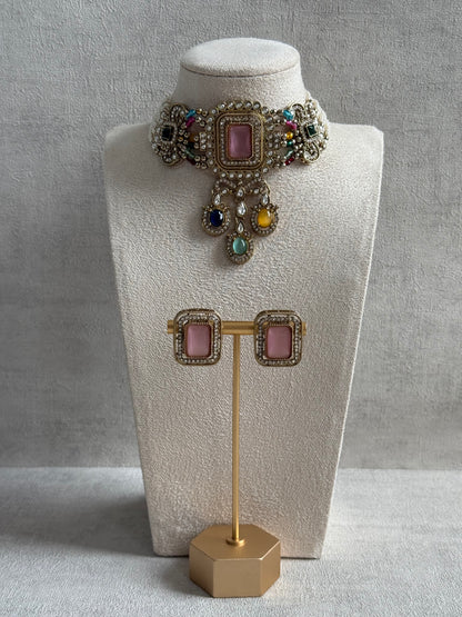 Ayura Designs Nabiha Choker Set with Studs – Blush Pink & Multicolour Stones, Pearl Detailing & Antique Gold Finish