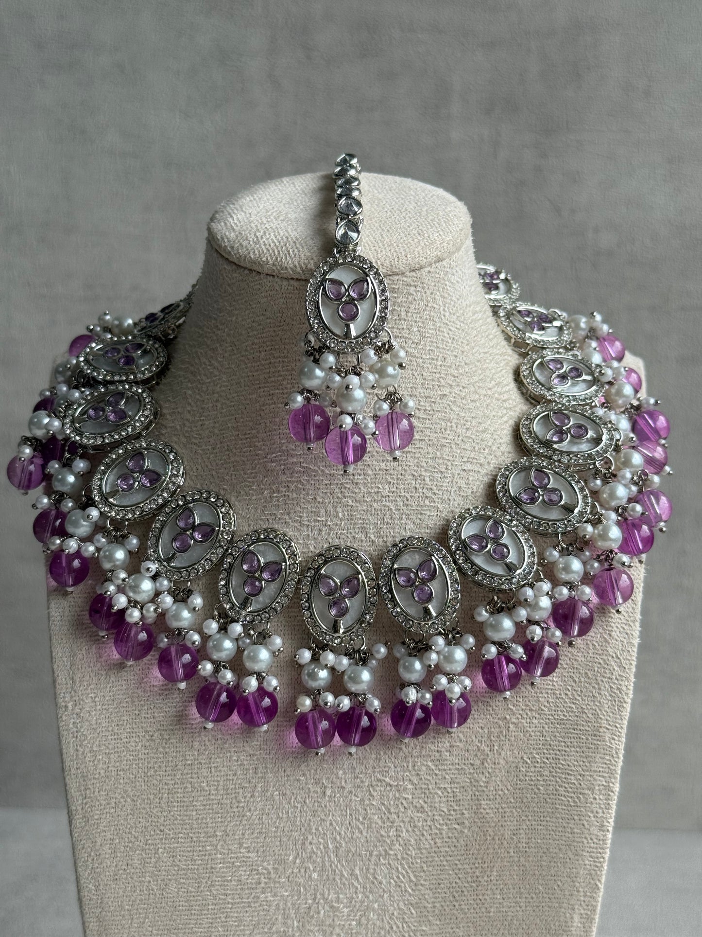 Ayura Designs Linza Set – Necklace, Earrings & Tikka in Lilac & Pearl with Silver Finish